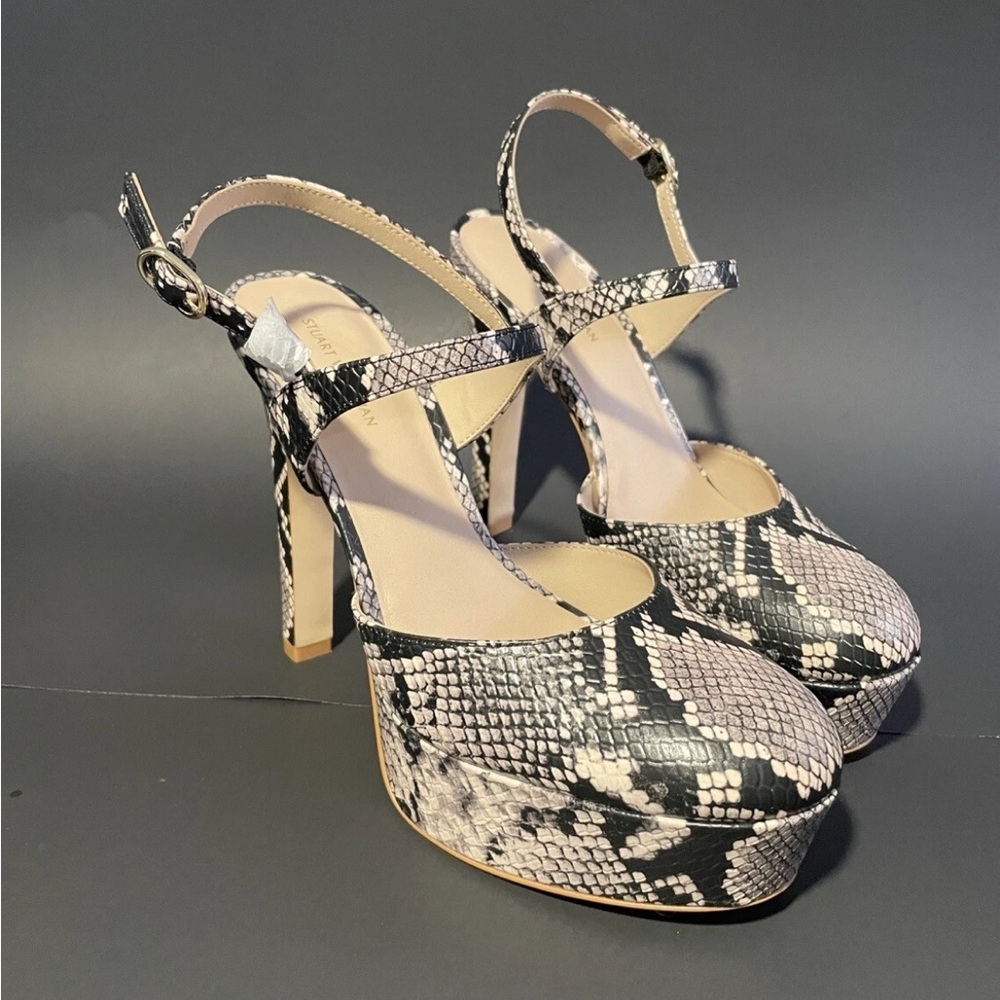 Stuart Weitzman Black and Cream Platform Heels Avenue 130 Snake Print Size 8.5US